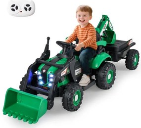 Trator elétrico 4 em 1 para crianças 12V com controle remoto, pá, reboque removível e luzes LED para crianças de 3 a 8 anos, 185 x 58 x 65 cm Verde