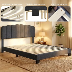 Cama de Casal Estofada 160x200 cm (COLCHÃO NÃO INCLUIDO) com Cabeceira Ajustável Acolchoada Ripas de Madeira Cinzento-Antracite