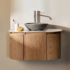 Conjunto De Móvel De Casa De Banho Suspenso 90x50 Cm Em Madeira Carsone Madeira Natural & Sem Unidade Auxiliar & Cimento Cinzento Redondo - Sklum