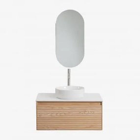 Conjunto De Móvel De Casa De Banho Suspenso 80x50 Cm Em Madeira De Freixo Tedrik Castanho Fresno & Cerâmica Redonda Branca Ø40 Cm Lenka - Sklum