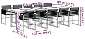 11 pcs conjunto de jantar p/ jardim c/ almofadões vime PE preto