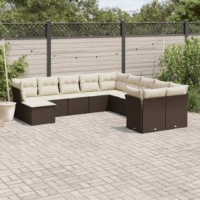 11 pcs conjunto sofás de jardim c/ almofadões vime PE castanho