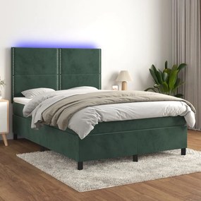 vidaXL Cama box spring c/ colchão/LED 140x200 cm veludo verde-escuro