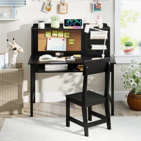 Conjunto de secretária e cadeira infantil em madeira com prateleira de cortiça, estação de computador para quarto, escola, Preta