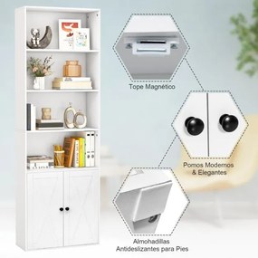Estante com 2 Portas 6 Prateleiras e Armarios Prateleiras Ajustáveis Estante independente para Sala de Estar Escritório 60 x 24 x 180 cm Branco