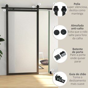 Kit de Ferragens 200cm para Porta Deslizante de Celeiro com Amortecedor Sem Perfuração e 2 Trilhos Preto