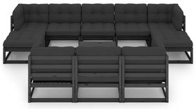 11 pcs conj. lounge de jardim c/ almofadões pinho maciço preto
