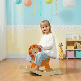 Cavalo de balanço para crianças, leão de brincar de balanço para bebés em madeira com guiador e base estável, 59 x 27 x 43 cm, laranja