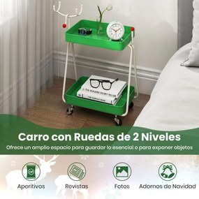 Mesa Auxiliar com desenho Rena de Natal 55,5 x 28,5 x 66,5 cm com 2 Níveis com Estrutura Metálica e Rodas Mesa de Natal para Espaços Pequenos Verde