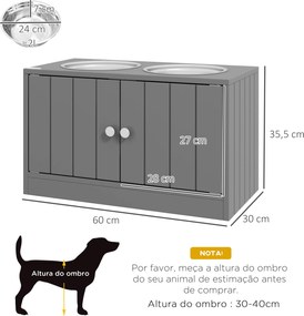 Comedouro Elevado para Cães Grandes com 2 Tigelas de 2L em Aço Inoxidável, 2 Portas e Arrumação, 60x30x35,5 cm, Cinzento