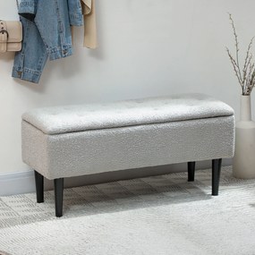 Banco de Armazenamento em Borrego Capacidade 47L Tampa Abatível e Pés de Madeira de Borracha Carga 120 kg 95x38x45 cm Cinza