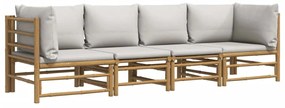 4 pcs conj. lounge de jardim bambu c/ almofadões cinzento-claro