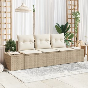 vidaXL Conjunto de Sofá de Jardim de 3 Peças com Almofadas Bege de Rattan Poliéster