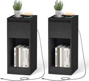 Conjunto 2 mesas de cabeceira 30 x 25 x 59,5 cm com iluminação LED, portas USB e gaveta Pretas