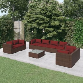 vidaXL 9 pcs conjunto lounge jardim c/ almofadões vime PE castanho