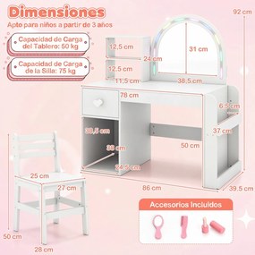 Conjunto de Toucador Infantil e Cadeira, 86 x 39,5 x 92 cm, Espelho com Luzes Coloridas, Branco