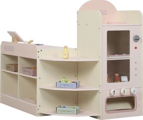 Supermercado de Brincar em Madeira Loja com Caixa Registadora Máquina de Venda Automática 3 Prateleiras Abertas 4 Compartimentos 90,7x60x73,8 cm Rosa