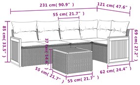 6 pcs conjunto sofás de jardim c/ almofadões vime PE preto