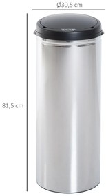 HOMCOM Balde de Lixo Inteligente de Aço Inoxidável 50L com Sensor Infravermelho de Abertura Automática para Cozinha Dormitório Casa de Banho Ø30,5x81,5cm Prata e Preto