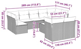 10 pcs conj. sofás jardim com almofadões vime PE cinzento-claro