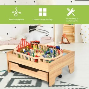 Conjunto de Mesa de Pista de Madeira para Crianças 100 Peças Mesa de Actividades e Gaveta com Rodas com Fecho Fácil de Montar Multicolorida