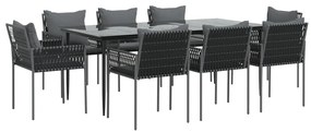 9 pcs conjunto de jantar p/ jardim com almofadões vime PE e aço