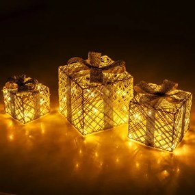 Caixas de Presentes LED Natal Conjunto de 3 Peças com Laços para Interior e Exterior Resistentes às Intempéries