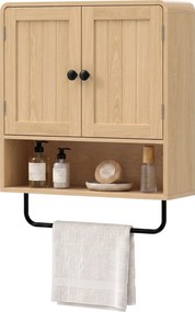 Armário de parede para casa de banho 60 L x 20 P x 60 A cm, móvel suspenso com 2 portas, prateleira aberta, toalheiro, cor carvalho