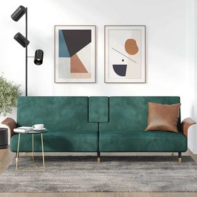 vidaXL Sofá-cama com suportes para copos veludo verde-escuro