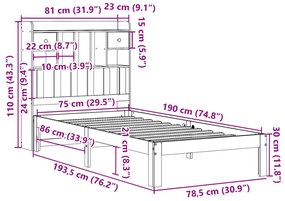 Cama com estante sem colchão 75x190 cm pinho maciço branco