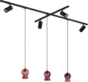 Sistema de Calhas Moderno Preto com 4 Focos e 3 Candeeiros Pendentes Roxos Monofásico - Iconic Bell Jeana Luxe