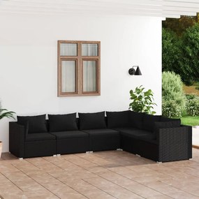 6 pcs conjunto lounge de jardim c/ almofadões vime PE preto