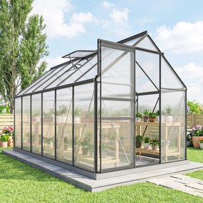 Estufa de jardim em alumínio e policarbonato com base, estufa com janela ajustável e porta de correr 190 x 375 x 199 cm
