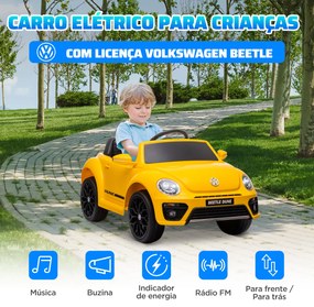 Carro Elétrico para Crianças Carro Elétrico Infantil Volkswagen Beetle com Bateria 12V Faróis Buzina e Música 97x56,5x46 cm Amarelo