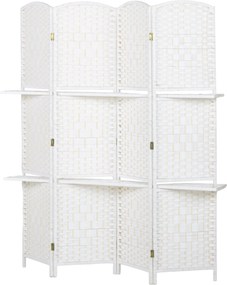 Biombo divisório de 4 painéis, 160 x 170 cm, com 2 prateleiras, dobrável, em madeira branco
