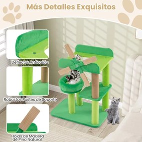 Arranhador para gatos com moinho de vento com vários níveis com poste para arranhar Plataforma com almofada Verde