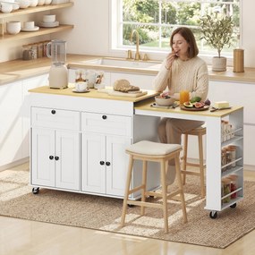 Ilha central de cozinha com tampo extensível, carrinho de cozinha com Rodas, 2 gavetas e 4 portas, branco