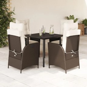 vidaXL 5 pcs conjunto jantar p/ jardim c/ almofadões vime PE castanho