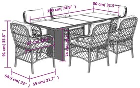 7 pcs conjunto de jantar p/ jardim com almofadões vime PE bege