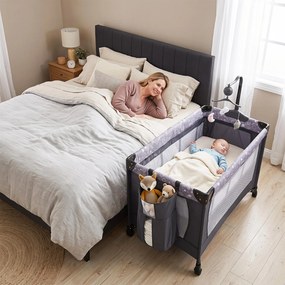 Cama de Viagem Dobrável para Bebé com Trocador, 126 x 65 x 77 cm, 4 Funções, Cinzento-escuro