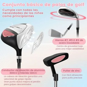 Conjunto de tacos de golfe para crianças dos 11 aos 13 anos, incluindo saco de apoio com capuz para chuva Driver n.º 1 Híbrido n.º 5 Ferros e Putter n