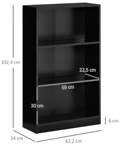 Estante para Livros com 3 Compartimentos de Armazenamento Livros Plantas para Sala de Estar Estúdio Dormitório 62,2x24x102,4cm Preto