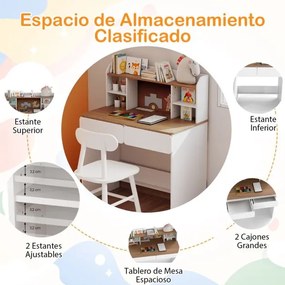 Secretária infantil 90 x 48 x 109 cm com estação de carregamento, tampo amplo, prateleiras ajustáveis e 2 gavetas para crianças para estudo,, branca