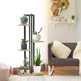 Estante para plantas 45 x 25 x 110 cm em forma de escada com 4 níveis de alturas diferentes, estilo industrial, em madeira, preto e natural