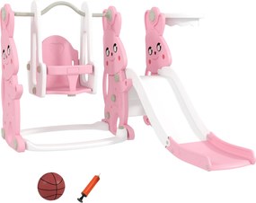 AIYAPLAY Escorrega e Baloiço 4 em 1 com Cesto de Basquetebol 147,5x160x107 cm Rosa | Aosom Portugal