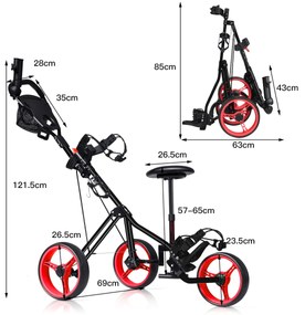 Carrinho de Golfe Dobrável com 3 rodas e Altura do Assento Regulável Altura do Pára-choques de Pé de Suporte Regulável Preto e Vermelho