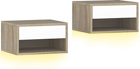 HOMCOM Conjunto de 2 Mesas de Cabeceira Flutuantes com Luzes LED RGB Controlo por APP e Prateleira Aberta 37x32x21 cm Madeira e Branco | Aosom Portugal
