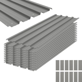 Conjunto de 12 painéis em aço galvanizado resistentes às intempéries, cinza claro, dimensões de cada painel: 129 cm (C) x 45 cm (L)