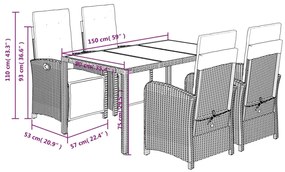 5 pcs conjunto de jantar p/ jardim c/ almofadões vime PE cinza