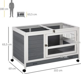 Coelheira de madeira para coelhos 102 C x 60 L x 63,5 A cm, modelo «villa», com tabuleiro deslizante, porta com fechadura e tampa que se abre, na cor